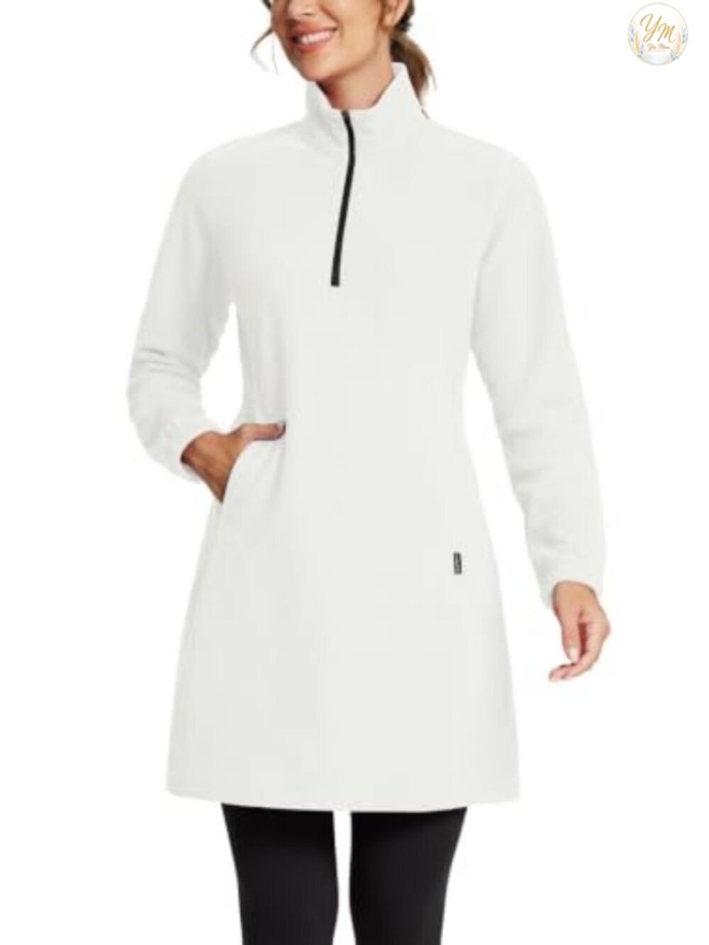 Women's Fleece Quarter Zip Long Tunic Dress with Kangaroo Pocket